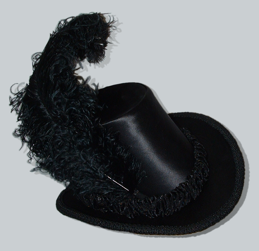 Black silk women's tall hat with plume.
